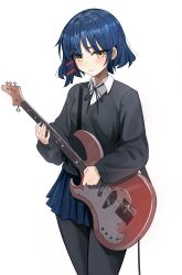 Rule 34 | 1girl, absurdres, bass guitar, black pantyhose, blue hair, blue skirt, blush, bocchi the rock!, closed mouth, collared shirt, frown, guitar, highres, holding, holding instrument, instrument, kiritzugu, long sleeves, looking at viewer, mole, mole under eye, pantyhose, pleated skirt, shirt, simple background, skirt, solo, standing, sweater, white background, white shirt, yamada ryo, yellow eyes