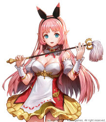 Rule 34 | 1girl, [saw], blue eyes, breasts, cleavage, cowboy shot, destiny of crown, detached collar, detached sleeves, dress, hairband, highres, large breasts, long hair, looking at viewer, open mouth, pink hair, pointy ears, puffy short sleeves, puffy sleeves, short sleeves, solo, watermark, white background, wrist cuffs