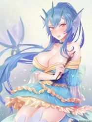 Rule 34 | 1girl, bad id, bad pixiv id, blue hair, breasts, calligraphy brush, cleavage, covered erect nipples, creatures (company), fang, game freak, gen 1 pokemon, gradient background, gyarados, highres, large breasts, long hair, nintendo, open mouth, paintbrush, personification, pokemon, red eyes, solo, tasselcat