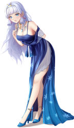Rule 34 | 1girl, :d, anklet, arm behind back, ayaka (genshin impact), bare shoulders, blue eyes, blue footwear, blue gemstone, blue hair, blue nails, blue theme, blunt bangs, blush, breasts, cleavage, commentary, dealesis, dress, english commentary, eyelashes, formal, full body, gem, genshin impact, gown, grey hair, hair down, hair ornament, hair ribbon, hairband, hand up, high heels, highres, jewelry, leaning forward, long dress, long hair, looking at viewer, mole, mole under eye, nail polish, neck ring, neck tassel, necklace, off-shoulder dress, off shoulder, open mouth, ribbon, side slit, sidelocks, simple background, smile, snowflake print, solo, spaghetti strap, standing, tassel, tress ribbon, white background