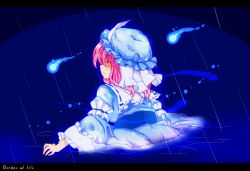 Rule 34 | 1girl, blue dress, bug, butterfly, commentary request, dress, english text, ghost, hat, highres, hitodama, insect, japanese clothes, kimono, long sleeves, mob cap, obi, partially submerged, pink eyes, pink hair, rain, saigyouji yuyuko, sash, short hair, solo, totoharu (kujirai minato), touhou, triangular headpiece, wide sleeves