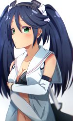 Rule 34 | 1girl, black bra, blue hair, blurry, blurry background, blush, bow, bra, breasts, cleavage, closed mouth, commentary, detached sleeves, green eyes, hair between eyes, hair bow, headgear, highres, isuzu (kancolle), jacket, kamia oekaki, kantai collection, large breasts, long hair, navel, open clothes, open jacket, sailor collar, simple background, solo, twintails, underwear, upper body, white background, white bow, white jacket, white sailor collar