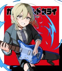 Rule 34 | 1girl, black background, black jacket, black necktie, black thighhighs, collared shirt, commentary, copyright name, earrings, electric guitar, fender jazzmaster, garter straps, girls band cry, grey eyes, grey shirt, grin, guitar, haidao mao, highres, holding, holding plectrum, instrument, jacket, jewelry, kawaragi momoka, left-handed, light brown hair, looking at viewer, multicolored hair, necktie, open mouth, playing guitar, plectrum, red background, roots (hair), shirt, smile, solo, stud earrings, thighhighs, white background