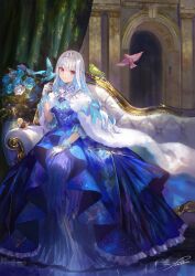 Rule 34 | 1girl, aqua bow, aqua hair, arch, bird, blue bird, blue bow, blue dress, blue flower, blunt bangs, bow, braid, cape, colored inner hair, commentary, couch, curtains, dress, duck, duckling, evening gown, flower, flying, frilled gloves, frilled sleeves, frills, full body, fur cape, fuzichoco, gloves, gown, green bird, highres, juliet sleeves, lize helesta, lize helesta (3rd costume), long hair, long sleeves, looking at viewer, monocle, multicolored hair, nijisanji, official alternate costume, on couch, pleated dress, puffy sleeves, purple eyes, purple flower, sebastian piyodore, short sleeves, signature, sitting, sky, smile, solo, spread wings, star (sky), starry sky, streaked hair, tiara, tile floor, tiles, virtual youtuber, white cape, white flower, white gloves, white hair