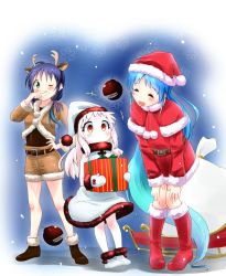 Rule 34 | +++, 10s, 3girls, ;), ^ ^, absurdly long hair, abyssal ship, ahoge, alternate costume, antlers, blue hair, box, carrying, christmas, closed eyes, colored skin, dress, gift, gift box, gradient hair, green eyes, hat, highres, horns, kantai collection, long hair, low twintails, mittens, multicolored hair, multiple girls, northern ocean princess, one eye closed, open mouth, samidare (kancolle), santa costume, santa hat, smile, suzukaze (kancolle), twintails, very long hair, white dress, white hair, white mittens, white skin, yokoshima (euphoria)