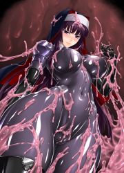 Rule 34 | 1girl, angry, aya rindou, black bodysuit, blush, bodysuit, breasts, cameltoe, cleft of venus, covered erect nipples, elbow gloves, gloves, habit, impossible bodysuit, impossible clothes, kamori sayaka, large breasts, latex, long hair, looking at viewer, nun, original, purple eyes, purple hair, rindou (radical dream), shiny clothes, skin tight, slime (substance), solo