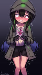 Rule 34 | anoshiras ii, artist name, bike shorts, black background, black gloves, black hair, blush, braid, cameltoe, cleft of venus, clenched hands, clenched teeth, clothes lift, coat, collarbone, constricted pupils, embarrassed, fingerless gloves, flat chest, gloves, gradient background, green coat, gridman universe, hair between eyes, hands up, have to pee, highres, hood, hood up, hooded coat, knees together feet apart, legs, lifting own clothes, long hair, long sleeves, looking down, lumineko, miniskirt, nose blush, open clothes, open coat, orange eyes, pee, peeing, peeing self, raised eyebrows, sidelocks, signature, simple background, sketch, skirt, skirt lift, ssss.gridman, straight-on, sweat, teeth, thighhighs, treble clef, trembling, twin braids, white skirt