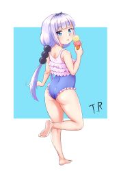Rule 34 | 1girl, absurdres, ass, barefoot, blue background, blue eyes, blue one-piece swimsuit, eating, feet, food, from behind, highres, ice cream, kanna kamui, kobayashi-san chi no maidragon, leg up, long hair, looking back, one-piece swimsuit, simple background, soles, solo, swimsuit, thighs, toes, tongue, tongue out, triagorodri