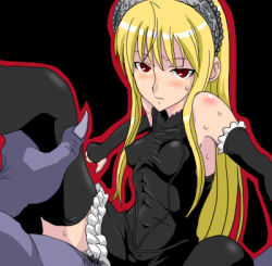 Rule 34 | 00s, 1girl, armpits, bare shoulders, black background, blonde hair, blush, cl-55, clothed female nude male, covered erect nipples, deep penetration, detached sleeves, dress, hime (kaibutsu oujo), kaibutsu oujo, leg grab, leg lift, long hair, looking at viewer, lowres, monster, no bra, nude, outline, pubic hair, red eyes, sex, short dress, simple background, solo focus, spread legs, sweat, thighhighs, tiara