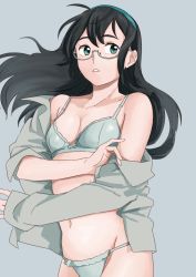 Rule 34 | 10s, 1girl, black hair, blouse, blue panties, bra, breasts, cleavage, glasses, green eyes, hairband, kantai collection, long hair, lying, ojipon, ooyodo (kancolle), open clothes, open shirt, panties, shirt, simple background, solo, underwear