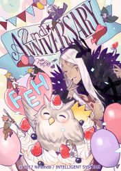 Rule 34 | 1girl, 6+boys, anniversary, ares (fire emblem), aversa (fire emblem), balloon, bird, black nails, blonde hair, breasts, bridal gauntlets, cake, cape, cleavage, company name, copyright name, dark-skinned female, dark skin, eldigan (fire emblem), facial mark, father and son, feather trim, feh (fire emblem heroes), fingernails, fire emblem, fire emblem: genealogy of the holy war, fire emblem: the blazing blade, fire emblem awakening, fire emblem echoes: shadows of valentia, fire emblem fates, fire emblem heroes, food, fork, fruit, heart, highres, holding, holding fork, large breasts, legault, long fingernails, long hair, multiple boys, nail polish, nintendo, official art, one eye closed, owl, p-nekor, parted lips, red hair, saber (fire emblem), short hair, signature, silver hair, sitting, smile, strawberry, v, valter (fire emblem), wink, xander (fire emblem)