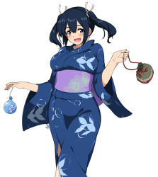 Rule 34 | 10s, 1girl, :d, black hair, blue eyes, blush, breasts, female focus, hyouju issei, japanese clothes, kantai collection, kimono, large breasts, looking at viewer, obi, open mouth, ribbon, sash, short hair, simple background, smile, solo, souryuu (kancolle), twintails, white background, yukata