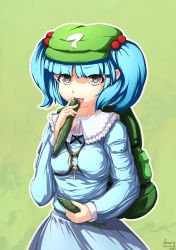 Rule 34 | 1girl, backpack, bad id, bad pixiv id, bag, blue eyes, blue hair, blush, breasts, cucumber, furim, hair bobbles, hair ornament, hat, highres, kawashiro nitori, key, matching hair/eyes, medium breasts, open mouth, short hair, grey eyes, skirt, solo, tongue, tongue out, touhou, twintails, two side up