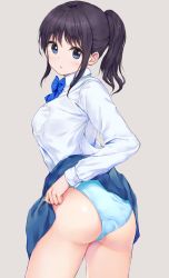 Rule 34 | 1girl, :o, ass, black hair, blue bow, blue bowtie, blue eyes, blue panties, blue skirt, blush, bow, bowtie, breast pocket, breasts, clothes lift, collared shirt, commentary request, cowboy shot, dress shirt, from behind, grey background, highres, lifting own clothes, long sleeves, looking at viewer, looking back, medium breasts, miniskirt, original, panties, parted lips, pasdar, pleated skirt, pocket, school uniform, shirt, short hair, short ponytail, simple background, skirt, skirt lift, solo, underwear, white shirt
