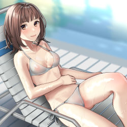 Rule 34 | 1girl, absurdres, beach chair, bikini, blush, breasts, brown hair, cameltoe, groin, hand on own stomach, highres, i&quot;s, looking at viewer, medium hair, navel, reclining, side-tie bikini bottom, siosiosolty, small breasts, solo, strap gap, swimsuit, thighs, wet, yoshizuki iori