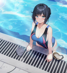 Rule 34 | 1girl, aqua hair, bare arms, bare shoulders, black hair, blue one-piece swimsuit, blush, breasts, cleavage, closed mouth, collarbone, competition swimsuit, day, from above, goggles, unworn goggles, large breasts, looking at viewer, looking up, one-piece swimsuit, original, outdoors, pool, short hair, smile, solo, sugita ranpaku, swimsuit, water