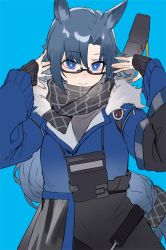 Rule 34 | 1girl, animal ears, aochoku, arknights, black scarf, black skirt, blue background, blue coat, blue eyes, blue hair, checkered clothes, checkered scarf, coat, fang (arknights), fang (cruciata) (arknights), fur-trimmed coat, fur trim, glasses, hands up, highres, horse ears, long hair, long sleeves, looking at viewer, official alternate costume, scarf, semi-rimless eyewear, simple background, skirt, smile, solo, under-rim eyewear, upper body, very long hair, winter clothes, winter coat