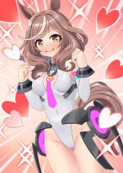 Rule 34 | 1girl, animal ears, blush, breasts, brown eyes, brown hair, clenched hands, closed mouth, cosplay, ei ei mun!, ganimede, gluteal fold, groin, heart, horse ears, horse girl, horse tail, looking at viewer, matikane tannhauser (umamusume), medium breasts, medium hair, mihono bourbon (umamusume), mihono bourbon (umamusume) (cosplay), simple background, smile, solo, sparkle, tail, umamusume
