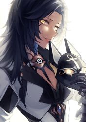 Rule 34 | 1girl, black gloves, black hair, black mask, breasts, cleavage, commentary request, gloves, highres, holding, holding mask, honkai (series), honkai impact 3rd, jackal (honkai impact), jacket, long hair, looking at viewer, mask, open mouth, red-d, solo, upper body, yellow eyes