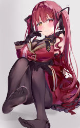 Rule 34 | 1girl, absurdres, blush, breasts, feet, hair ribbon, hand on own knee, heterochromia, highres, hololive, houshou marine, large breasts, long hair, looking at viewer, pantyhose, parted lips, red eyes, red hair, ribbon, soles, toes, twintails, virtual youtuber, yellow eyes