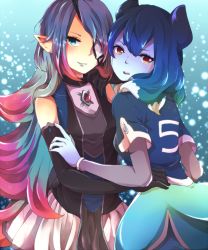 Rule 34 | 10s, 2girls, bad id, bad pixiv id, blue hair, blue lips, blue skin, colored skin, elbow gloves, eyepatch, gloves, hilary flail, inazuma eleven (series), inazuma eleven go, inazuma eleven go galaxy, long hair, looking at viewer, looking back, multicolored hair, multiple girls, open mouth, pink hair, pointy ears, powai pichori, two-tone hair, very long hair