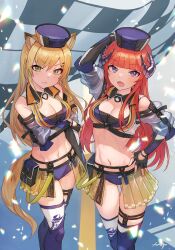 Rule 34 | 2girls, absurdres, animal ears, arknights, arm up, arpeggio kaga, bagpipe (arknights), bagpipe (arknights) (cosplay), bagpipe (queen no. 1) (arknights), bare shoulders, belt pouch, black gloves, blonde hair, blue headwear, blue shorts, blue thighhighs, blunt bangs, breast hold, breasts, cleavage, clothing cutout, commission, cosplay, crop top, fingerless gloves, frown, gloves, gluteal fold, green eyes, hand on own hip, hat, highres, horn (arknights), horns, long hair, long sleeves, looking at viewer, medium breasts, micro shorts, midriff, miniskirt, multiple girls, navel, official alternate costume, open mouth, orange hair, pleated skirt, pouch, purple eyes, race queen, revealing clothes, see-through, shorts, shoulder cutout, showgirl skirt, skeb commission, skirt, standing, stomach, tail, thigh gap, thigh strap, thighhighs, thighs, v-shaped eyebrows, white thighhighs, wing collar, wolf ears, wolf tail