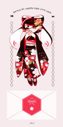 Rule 34 | + +, 1girl, artist name, black hair, bookmark, callie (splatoon), closed mouth, dress, floral print, flower, formal, full body, hair flower, hair ornament, highres, inkling, inkling (language), interlocked fingers, japanese clothes, kimono, long hair, looking at viewer, mole, mole under eye, nintendo, own hands clasped, own hands together, pointy ears, print dress, red eyes, ribbon, sandals, seto (asils), signature, smile, solo, splatoon (series), splatoon 1, standing, tentacle hair, wide sleeves