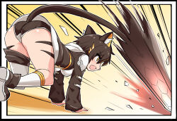 Rule 34 | 1girl, all fours, armor, ass, asymmetrical legwear, attack, black footwear, black jacket, black panties, body markings, commentary, cougar (cougar1404), cut cat, fang, frown, hood, hood down, hooded jacket, jacket, kua (cougar1404), long sleeves, looking to the side, motion blur, no pants, open mouth, orange eyes, panties, pauldrons, prototype design, ribbed panties, shoes, short hair, shoulder armor, single sock, single thighhigh, skin fang, socks, solo, sword, thighhighs, tiger stripes, underwear, weapon, white socks, white thighhighs