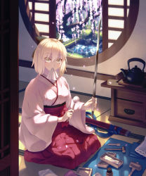 Rule 34 | 1girl, ahoge, black bow, blonde hair, bottle, bow, box, chest of drawers, cleaning, cleaning weapon, eyebrows, fate/grand order, fate (series), flower, full body, garden, hair between eyes, hair bow, hakama, hakama skirt, handkerchief, highres, holding, holding sword, holding weapon, indoors, japanese clothes, kaina (tsubasakuronikuru), kettle, kimono, koha-ace, lake, long sleeves, looking at viewer, mallet, meiji schoolgirl uniform, mouth hold, okita souji (fate), okita souji (koha-ace), on floor, open window, petals, pink kimono, pond, red hakama, round window, scabbard, seiza, shade, sheath, short hair, sitting, skirt, solo, sword, tatami, teapot, tools, tray, tree, unsheathed, wall, weapon, wide sleeves, willow, window, wisteria, yellow eyes