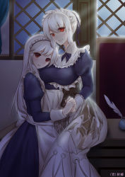 Rule 34 | 2girls, anna (sennen sensou aigis), apron, bad anatomy, curtains, desk, highres, holding hands, indoors, inkwell, interlocked fingers, looking at viewer, maid, maid apron, maid headdress, multiple girls, on desk, pale skin, quill, red eyes, sennen sensou aigis, serra (sennen sensou aigis), sitting, tdnbluemen, watermark, white hair, window