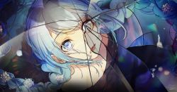 Rule 34 | 1girl, black dress, blue eyes, blue hair, braid, broken glass, commentary, crack, cracked glass, dress, floating hair, flower, foreshortening, from above, glass, hassan (sink916), hatsune miku, highres, light blue hair, looking up, lower teeth only, off-shoulder dress, off shoulder, official art, open mouth, sidelocks, solo, teeth, twin braids, twintails, undead alice (vocaloid), vocaloid, white flower
