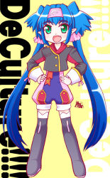 Rule 34 | 00s, 1girl, :d, black footwear, black thighhighs, blue hair, blush, boots, buttons, child, crop top, emblem, english text, eyebrows, fang, flat chest, full body, garter straps, green eyes, hands on own hips, happy, headband, kairakuen umenoka, klan klein, long hair, long sleeves, macross, macross frontier, meltrandi, military, military uniform, open mouth, pointy ears, quad tails, ribbon, s.m.s., signature, simple background, sleeve cuffs, smile, solo, standing, thick eyebrows, thigh boots, thighhighs, twintails, uniform, unitard, very long hair, yellow background, zettai ryouiki