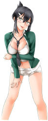 Rule 34 | 1girl, :p, aiko yumi, black hair, blazer, breast hold, breasts, cleavage, folded ponytail, game cg, glasses, green hair, hair ornament, hairclip, highres, hunie pop, jacket, legs, midriff, navel, necktie, ninamo, short shorts, shorts, simple background, solo, tank top, tongue, tongue out, white background