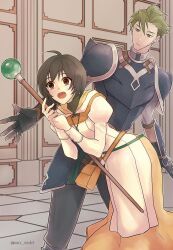 1boy 1girl ahoge aran_(fire_emblem) armor black_hair brown_eyes commentary_request fire_emblem fire_emblem:_radiant_dawn green_eyes green_hair holding holding_staff indoors laura_(fire_emblem) mcc_msbt nintendo open_mouth short_hair staff twitter_username