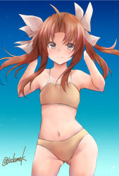 Rule 34 | 1girl, ahoge, bikini, blue background, brown bikini, brown hair, commentary request, cowboy shot, flat chest, gluteal fold, gradient background, grey eyes, hair ribbon, highres, kagerou (kancolle), kagerou kai ni (kancolle), kamijou sadame, kantai collection, long hair, looking at viewer, one-hour drawing challenge, ribbon, solo, swimsuit, twintails, twitter username, white ribbon