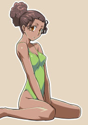 Rule 34 | 1girl, brown eyes, brown hair, dark-skinned female, dark skin, eyelashes, green one-piece swimsuit, hair bun, imada kozue, lips, looking at viewer, one-piece swimsuit, open mouth, original, outline, simple background, single hair bun, sitting, solo, swimsuit, v arms, wariza