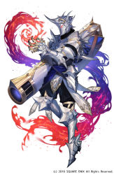 Rule 34 | 1boy, armor, armored boots, boots, cannon, copyright notice, energy, full body, gauntlets, glowing, glowing eyes, grimms notes, helmet, knight of the silver moon, kyouka hatori, male focus, official art, red eyes, simple background, solo, weapon, white background