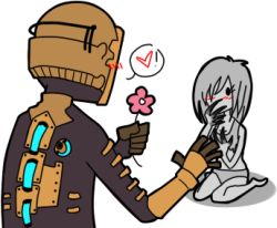 Rule 34 | 1boy, 1girl, blush, crossover, dead space, flower, heart, isaac clarke, left 4 dead, lowres, silver hair, spacesuit, witch (left4dead)