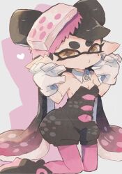 Rule 34 | 1girl, arms up, bare shoulders, black footwear, black hair, black jumpsuit, bow-shaped hair, breasts, callie (splatoon), cleavage, closed mouth, collar, commentary, detached collar, foot out of frame, gloves, gradient hair, half-closed eyes, heart, highres, inkling, jumpsuit, kneeling, long hair, mole, mole under eye, multicolored hair, nintendo, o3o, pantyhose, pink hair, pink pantyhose, pointing, pointing at self, pointy ears, puckered lips, short jumpsuit, small breasts, solo, splatoon (series), splatoon 1, star-shaped pupils, star (symbol), swept bangs, symbol-only commentary, symbol-shaped pupils, tentacle hair, thick eyebrows, twintails, two-tone hair, v-shaped eyebrows, watermark, white collar, white gloves, yellow eyes, yuritokemo