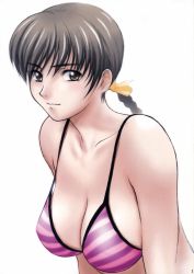 Rule 34 | 1girl, arms at sides, artbook, bikini, braid, breasts, brown eyes, brown hair, cleavage, dead or alive, from side, hair between eyes, highres, kasumi (doa), large breasts, looking at viewer, momoi nanabei, purple bikini, scan, simple background, single braid, solo, striped bikini, striped clothes, swimsuit, white background
