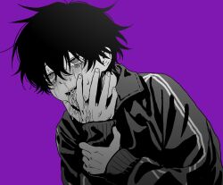 Rule 34 | 1boy, absurdres, blush, crying, crying with eyes open, greyscale, hair between eyes, highres, imai akira, jacket, long sleeves, male focus, monochrome, original, purple background, runny nose, saliva, simple background, snot, solo, sweat, tears, tongue, tongue out, track jacket, upper body
