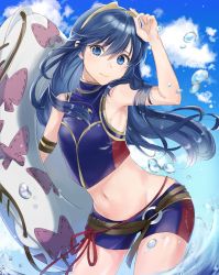 Rule 34 | 1girl, bare shoulders, blonde hair, blue eyes, blue hair, breasts, closed mouth, cloud, day, eyes visible through hair, fire emblem, fire emblem awakening, hairband, haru (nakajou-28), highres, long hair, looking at viewer, lucina (fire emblem), midriff, navel, nintendo, outdoors, shorts, sky, sleeveless, small breasts, solo, stomach, swimsuit, water