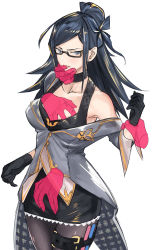 Rule 34 | 10s, 1girl, black gloves, black hair, black pantyhose, blue eyes, grabbing another&#039;s breast, breasts, choker, disembodied hand, glasses, gloves, grabbing, granblue fantasy, groping, high ponytail, highres, holding another&#039;s wrist, large breasts, lips, long hair, looking at viewer, miniskirt, multigrope, multiple hands, off shoulder, pantyhose, priest producer (granblue fantasy), semi-rimless eyewear, simple background, skirt, solo focus, swept bangs, tetsu (kimuchi), thigh strap, under-rim eyewear, upper body