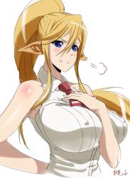 Rule 34 | 10s, 1girl, animal ears, arm between breasts, bad id, bad pixiv id, bare shoulders, between breasts, blonde hair, blue eyes, breasts, centaur, centorea shianus, covered erect nipples, eyebrows, eyes visible through hair, hand on own chest, highres, horse ears, kagiyama (clave), large breasts, long hair, monster girl, monster musume no iru nichijou, ponytail, sidelocks, sigh, signature, simple background, sketch, sleeveless, smile, solo, taur, upper body, white background