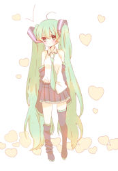 Rule 34 | 1girl, ahoge, bad id, bad pixiv id, detached sleeves, green eyes, green hair, hatsune miku, highres, long hair, loose thighhigh, matching hair/eyes, necktie, reo0, skirt, sleeves past wrists, solo, thighhighs, twintails, very long hair, vocaloid