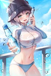 Rule 34 | 1girl, absurdres, black hat, blue archive, blue eyes, blue sky, blush, bottle, breasts, cloud, day, hat, highres, holding, holding bottle, kuca (ku ca18), large breasts, looking at viewer, navel, ocean, official alternate costume, open mouth, purple hair, ramune, saki (blue archive), saki (swimsuit) (blue archive), short hair, sky, smile, solo, standing, stomach, sunlight, swimsuit, thighs, water bottle