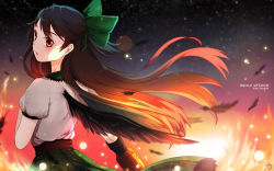 Rule 34 | 1girl, arm cannon, bad id, bad pixiv id, black hair, blouse, bow, character name, copyright name, cowboy shot, hair bow, long hair, looking back, monicanc, open mouth, red eyes, reiuji utsuho, shirt, skirt, sky, solo, star (sky), starry sky, touhou, weapon, wind, wings