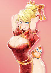 Rule 34 | 1girl, :q, arched back, arms up, bad id, bad pixiv id, bird, blonde hair, blush, bracelet, breasts, bursting breasts, china dress, chinese clothes, cleavage, cleavage cutout, clothing cutout, dress, earrings, hair bun, hair ornament, highres, jaina proudmoore, jewelry, large breasts, menhou, no panties, owl, pelvic curtain, pepe (wow), pink background, side slit, single hair bun, skindentation, smile, solo, tongue, tongue out, warcraft, world of warcraft
