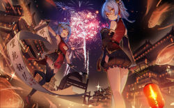 Rule 34 | 2girls, absurdres, arm strap, armpits, bell, bili girl 22, bili girl 33, bilibili, black legwear, black skirt, black sleeves, blue hair, breasts, character cutout, detached sleeves, festival, fireworks, floating hair, from below, glasses, hair bell, hair ornament, hair ribbon, hairband, high heels, highres, holding, holding brush, kexue, lantern, leg up, long hair, long sleeves, looking at viewer, medium breasts, miniskirt, multiple girls, night, orange eyes, outdoors, outstretched arms, pleated skirt, red-framed eyewear, red footwear, red hairband, red ribbon, ribbon, semi-rimless eyewear, skirt, sleeveless, standing, standing on one leg, thighhighs, under-rim eyewear, underboob, zettai ryouiki