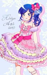 Rule 34 | 1girl, aikatsu!, aikatsu! (series), bare shoulders, blue eyes, blue hair, blush, bow, character name, collarbone, commentary request, detached collar, dress, frilled dress, frills, gloves, hair bow, heart, highres, kiriya aoi, long hair, looking at viewer, open mouth, pink bow, pink dress, purple gloves, raimu (01155103aiko), side ponytail, skirt hold, smile, solo, standing